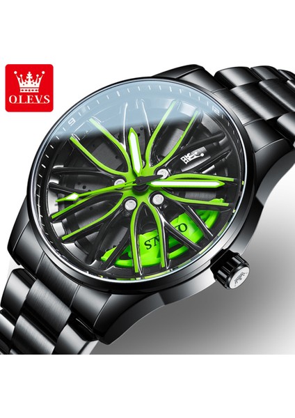 Siyah Çelik Yeşil Olevs 2023 Tekerlek Göbeği Izle Özel Tasarım Spor Araba Jant Saatler Su Geçirmez Yaratıcı Relogio Masculino Izle Erkekler Bilek Izle 9937 (Yurt Dışından)