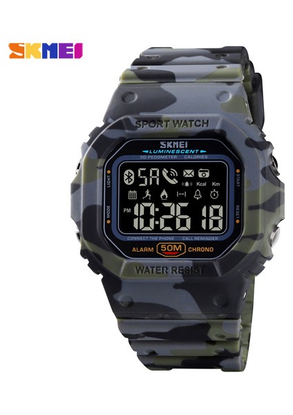 Yeşil Kamuflaj Skmeı Bluetooth Dijital Kol Saati Erkekler Spor Pedometre Kalori Tracker Erkek Saat Spor Su Geçirmez Akıllı Saat Montre Homme (Yurt Dışından)