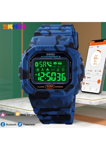Yeşil Kamuflaj Skmeı Bluetooth Dijital Kol Saati Erkekler Spor Pedometre Kalori Tracker Erkek Saat Spor Su Geçirmez Akıllı Saat Montre Homme (Yurt Dışından)