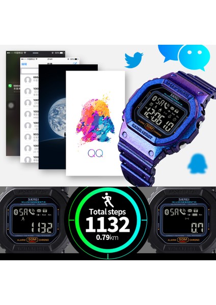 Yeşil Kamuflaj Skmeı Bluetooth Dijital Kol Saati Erkekler Spor Pedometre Kalori Tracker Erkek Saat Spor Su Geçirmez Akıllı Saat Montre Homme (Yurt Dışından)
