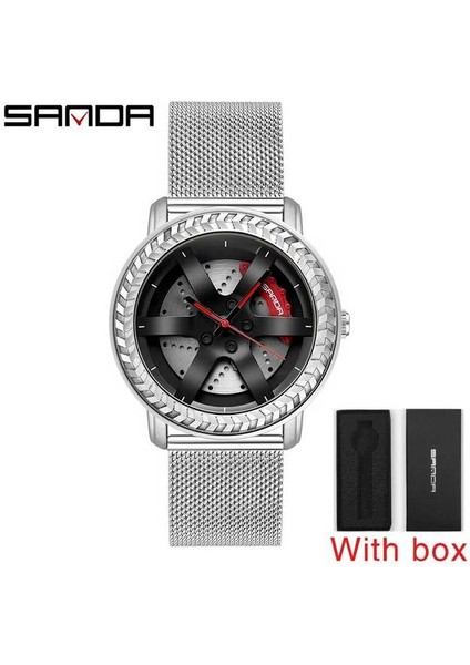 Örgü Gümüş Kutu Sıcak Satış Erkekler Kuvars Kol Saati Özel Tasarım 3D Baskı Araba Jant Spor Tekerlek Izle Örgü Kayış Su Geçirmez Yaratıcı Erkek Saatler (Yurt Dışından)