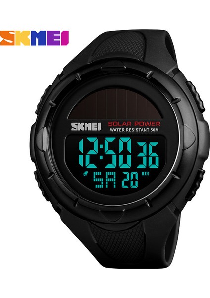 Siyah Skmeı Güneş Enerjisi Erkekler LED Izle 50 M Su Geçirmez Pu Bant Tarih Hafta Ekran Izle Aydınlık Erkek Dijital Kol Saati Montre Homme (Yurt Dışından)