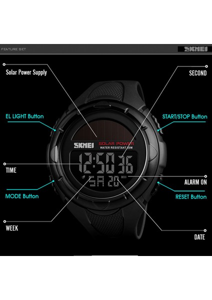 Siyah Skmeı Güneş Enerjisi Erkekler LED Izle 50 M Su Geçirmez Pu Bant Tarih Hafta Ekran Izle Aydınlık Erkek Dijital Kol Saati Montre Homme (Yurt Dışından)