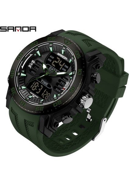 Armygreen Sanda Lüks Orijinal Erkek Spor Kol Saati Altın Kuvars Çelik Su Geçirmez Çift Ekran Saat Saatler Relogio Masculino 6029 (Yurt Dışından)