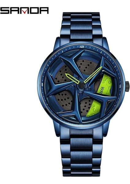 Çelik Mavi Moda Erkekler Izle Lüks 360 Dönen Araba Tekerleği Kadran Spor Kuvars Izle Rahat Deri Su Geçirmez Kol Saati Relogio Masculino (Yurt Dışından)