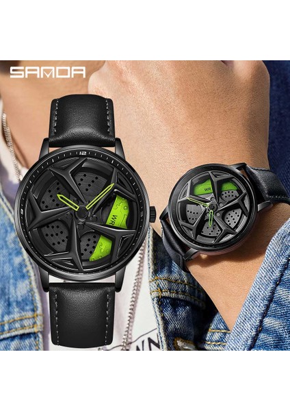 Çelik Mavi Moda Erkekler Izle Lüks 360 Dönen Araba Tekerleği Kadran Spor Kuvars Izle Rahat Deri Su Geçirmez Kol Saati Relogio Masculino (Yurt Dışından)