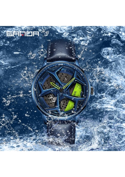 Çelik Mavi Moda Erkekler Izle Lüks 360 Dönen Araba Tekerleği Kadran Spor Kuvars Izle Rahat Deri Su Geçirmez Kol Saati Relogio Masculino (Yurt Dışından)