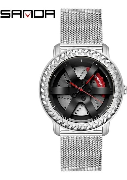 Örgü Gümüş Sıcak Satış Erkekler Kuvars Kol Saati Özel Tasarım 3D Baskı Araba Jant Spor Tekerlek Izle Örgü Kayış Su Geçirmez Yaratıcı Erkek Saatler (Yurt Dışından)