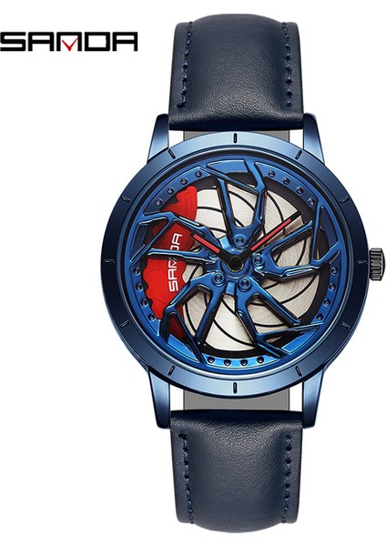 Deri Mavi Relogio Masculino Moda Lüks Kuvars Izle Erkekler Için 360 Dönen Araba Tekerleği Kadran Saatler Spor Saatler Örgü Kemer Bilek Izle (Yurt Dışından)
