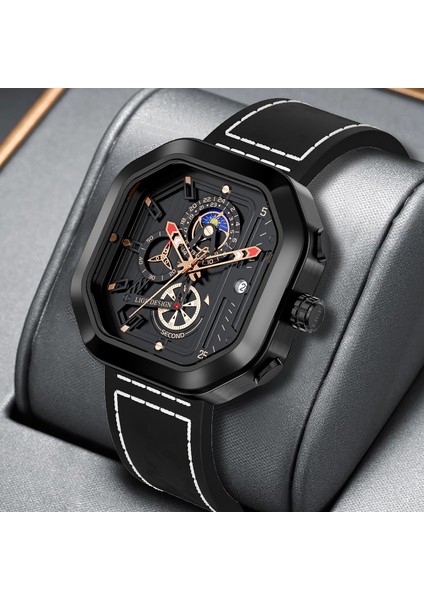 Gümüş Siyah Lıge Moda Kuvars Kol Saatleri Otomatik Tarih Deri Kordonlu Saat Su Geçirmez Kare Iş Izle Erkekler Için Relojes Para Hombre (Yurt Dışından) fırsatları