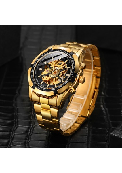 010 Forsınng Altın Mekanik Saat Delikli Tırnak Ölçeği Çelik Bant Saat Siyah Saat Çok Renkli Saat Isteğe Bağlı (Yurt Dışından) indirimleri