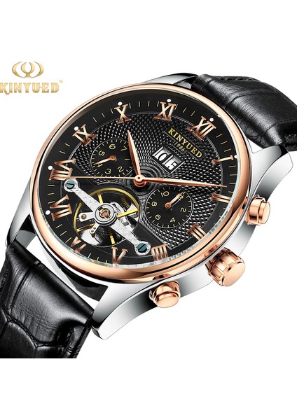 Siyah Deri Kayış Kınyued Erkek Lüks Orijinal Marka Saatler Erkekler Tourbillon Mekanik Otomatik Analog Saat Adam Için Su Geçirmez Bilezik (Yurt Dışından)