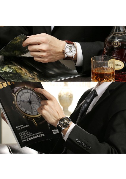 Siyah Deri Kayış Kınyued Erkek Lüks Orijinal Marka Saatler Erkekler Tourbillon Mekanik Otomatik Analog Saat Adam Için Su Geçirmez Bilezik (Yurt Dışından)