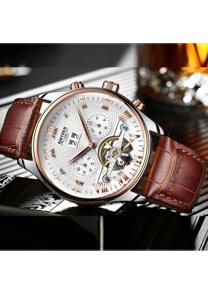 Siyah Deri Kayış Kınyued Erkek Lüks Orijinal Marka Saatler Erkekler Tourbillon Mekanik Otomatik Analog Saat Adam Için Su Geçirmez Bilezik (Yurt Dışından)