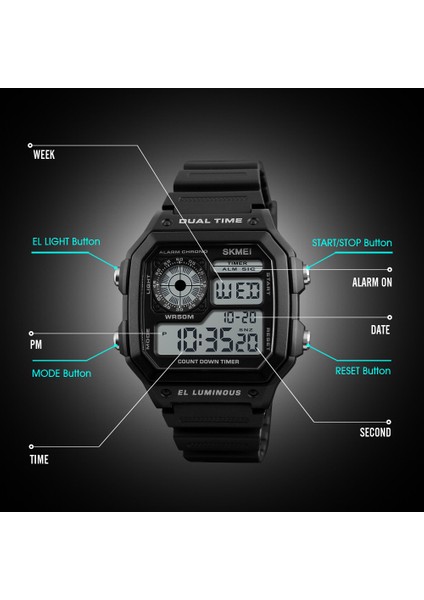 Siyah Moda Erkek Spor Saat Kare Ikili Zaman LED Dijital Saatler Erkek Saatler Relojes Deportivos Herren Uhren Reloj Hombre Montre (Yurt Dışından)