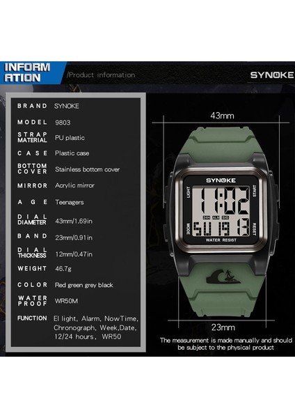 Gri Izle Spora Dayanıklı Dijital Saatler 50M Su Geçirmez Alarm Izle Dikdörtgen Kadran Tarih LED Sert Yapı Bilek Saati Reloj Hombre + Kutu (Yurt Dışından)