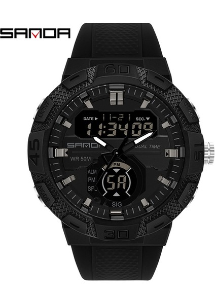 Siyah Sanda Moda Trendi Erkek Saatler Izle Aydınlık Hd LED Çift Ekran Elektronik Saat 50 M Su Geçirmez Çok Fonksiyonlu Erkek Saat (Yurt Dışından)