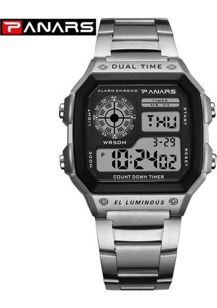 Erkekler Gümüş Panars Reloj Deportivo Dijital Erkek Saatleri 50 M Su Geçirmez Spor Saat Paslanmaz Çelik Kol Saatleri Relojes Deportivos Zegarek (Yurt Dışından)