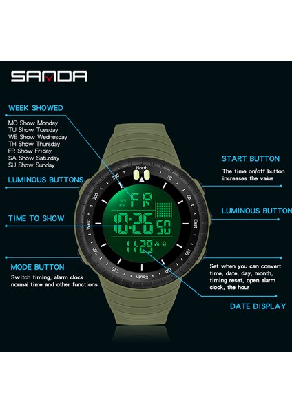 Armygreen Sanda Lüks Büyük Kadran Açık Eğlence Spor Elektronik Saat LED Işıklı Su Geçirmez Erkek Saat Silikon Kayış Reloj De Hombre (Yurt Dışından)