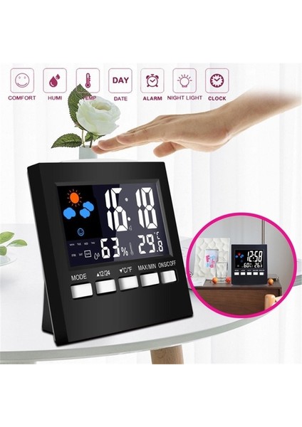 Siyah USB Hava Durumu Saati Renkli Ekran Dijital Ekran Termometre Nem Saati Renkli Alarm Takvimi Hava Durumu Elektronik Çalar Saat (Yurt Dışından)