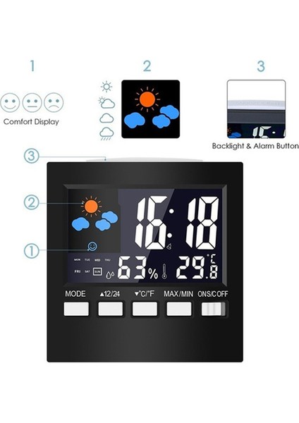 Siyah USB Hava Durumu Saati Renkli Ekran Dijital Ekran Termometre Nem Saati Renkli Alarm Takvimi Hava Durumu Elektronik Çalar Saat (Yurt Dışından)