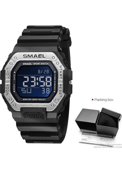 Siyah Gümüş Kutu Smael Erkekler Için Dijital Saatler 50 M Su Geçirmez Askeri Spor Izle LED Ekran Otomatik Tarih Elektronik Kol Saati Часы Relogio Reloj (Yurt Dışından)