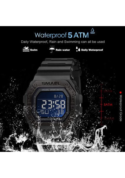 Siyah Gümüş Kutu Smael Erkekler Için Dijital Saatler 50 M Su Geçirmez Askeri Spor Izle LED Ekran Otomatik Tarih Elektronik Kol Saati Часы Relogio Reloj (Yurt Dışından)
