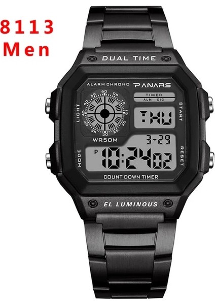 8113 Siyah Saatler Erkekler Lüks Marka Su Geçirmez Spor Saat Erkek Çalar Saat LED Dijital Kol Saati Paslanmaz Çelik Alaşım Montre Homme Hediye (Yurt Dışından)