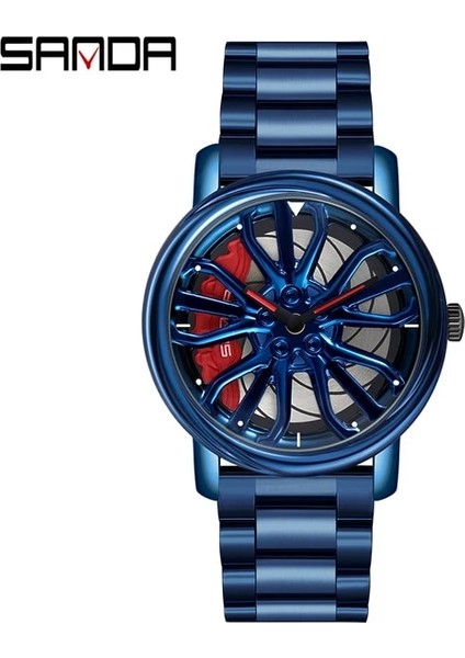 Çelik Mavi Moda Örgü Kayış Sıcak Satış Erkekler Kuvars Izle 360 Dönen Araba Tekerleği Arama Saati Paslanmaz Su Geçirmez Spor Kol Saati Relogio (Yurt Dışından)