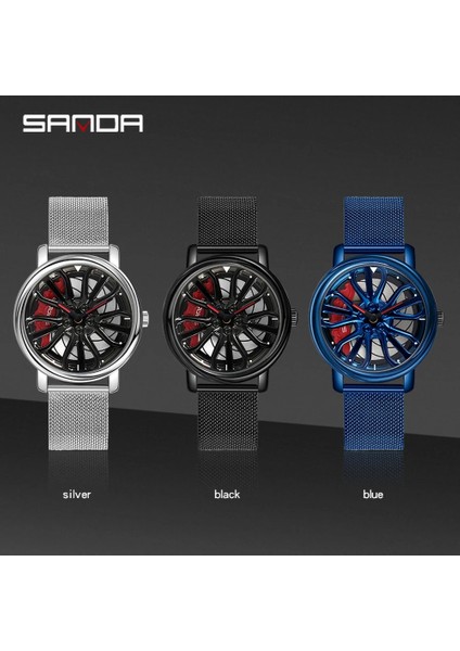 Çelik Mavi Moda Örgü Kayış Sıcak Satış Erkekler Kuvars Izle 360 Dönen Araba Tekerleği Arama Saati Paslanmaz Su Geçirmez Spor Kol Saati Relogio (Yurt Dışından)