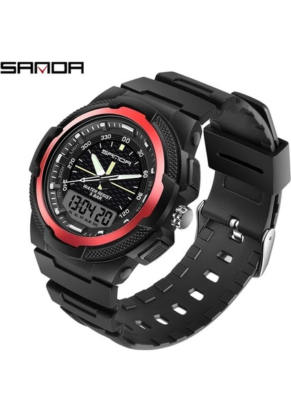 Siyah Kırmızı Sanda Yeni Lüks Spor Erkekler Rahat Tarzı Askeri Saatler Erkekler Su Geçirmez Yeni Elektronik Çift Gösteri Açık Hava Spor Kol Saati (Yurt Dışından)
