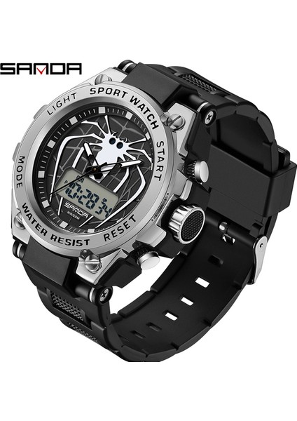 Erkekler Için Gümüş Kuvars Saat Sanda Izle Su Geçirmez Kronometre LED Saatler Erkek Saat Örümcek Spor Saatler Erkekler Relogio Masculino Dijital (Yurt Dışından)