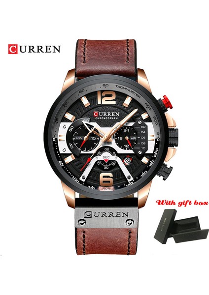 Gül Kara Kutu Curren Moda Spor Su Geçirmez Izle Erkekler Için Rahat Erkek Saat Iş Deri Kol Saati Lüks Chronograph Kuvars Erkek Izle (Yurt Dışından)