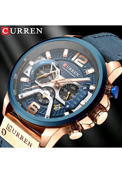Gül Kara Kutu Curren Moda Spor Su Geçirmez Izle Erkekler Için Rahat Erkek Saat Iş Deri Kol Saati Lüks Chronograph Kuvars Erkek Izle (Yurt Dışından)