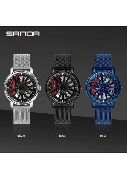 Örgü Mavi Sıcak Satış Erkekler Kuvars Izle 360 Dönen Araba Tekerleği Kadran Saat Moda Örgü Kemer Su Geçirmez Jant Hub Kol Saati Relogio Masculino (Yurt Dışından)