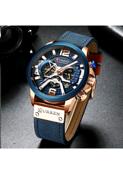 Gül Kara Kutu Curren Moda Spor Su Geçirmez Izle Erkekler Için Rahat Erkek Saat Iş Deri Kol Saati Lüks Chronograph Kuvars Erkek Izle (Yurt Dışından)