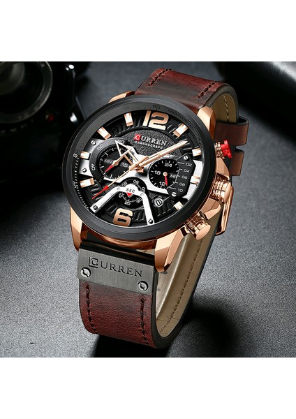 Gül Kara Kutu Curren Moda Spor Su Geçirmez Izle Erkekler Için Rahat Erkek Saat Iş Deri Kol Saati Lüks Chronograph Kuvars Erkek Izle (Yurt Dışından)