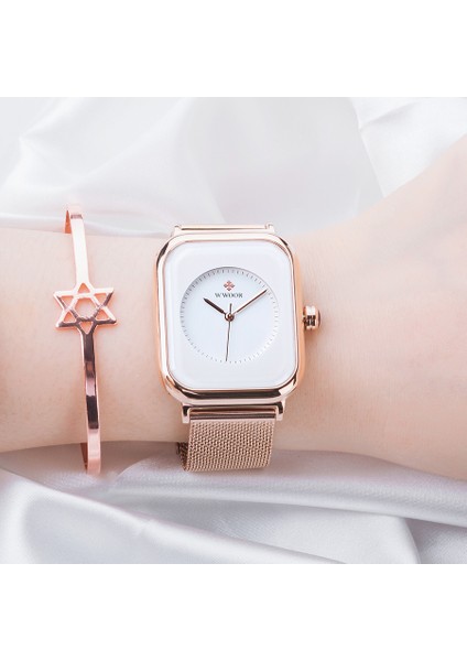 Beyaz-P Wwoor Orijinal Yeni Bayan Izle Beyaz Kare Bilezik Saatler Kadın Örgü Kayış Su Geçirmez Kuvars Kadın Saat Relogio Feminino (Yurt Dışından) fırsatları