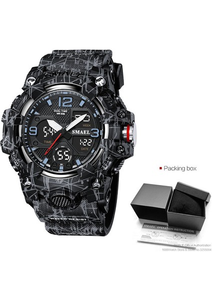 Camo Kara Kutu Smael Çift Zamanlı Spor Izle Erkekler Için Moda Su Geçirmez Quart Dijital Kol Saati Çalar Saat LED Arka Işık Takvim Saatler 8008 (Yurt Dışından)