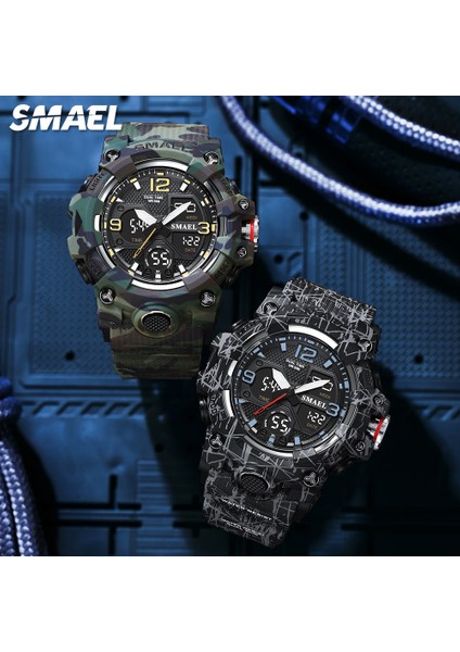 Camo Kara Kutu Smael Çift Zamanlı Spor Izle Erkekler Için Moda Su Geçirmez Quart Dijital Kol Saati Çalar Saat LED Arka Işık Takvim Saatler 8008 (Yurt Dışından) modelleri