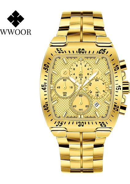 Altın Altın Wwoor Erkekler Chronograph Spor Saatler Erkekler Için Moda Kare Üst Marka Lüks Paslanmaz Çelik Su Geçirmez Kuvars Izle Reloj Hombre (Yurt Dışından)