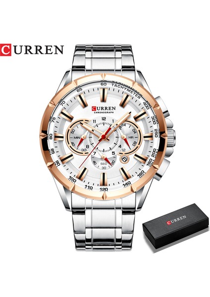 Gül Gümüş Kutu Erkekler Yeni Curren Rahat Spor Kronograf Erkek Saati Paslanmaz Çelik Bant Kol Saati Aydınlık Işaretçiler ile Büyük Kadran Kuvars Saat (Yurt Dışından)