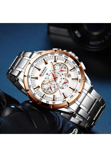 Gül Gümüş Kutu Erkekler Yeni Curren Rahat Spor Kronograf Erkek Saati Paslanmaz Çelik Bant Kol Saati Aydınlık Işaretçiler ile Büyük Kadran Kuvars Saat (Yurt Dışından) indirimleri