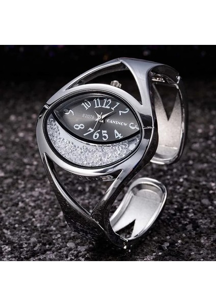Gümüş Siyah Lüks Gümüş Elmas Bilezik Saatler Gözler Şekli Benzersiz Tasarım Kuvars Kadın Kol Saati Moda Rahat Bayanlar Saat Reloj Mujer (Yurt Dışından)