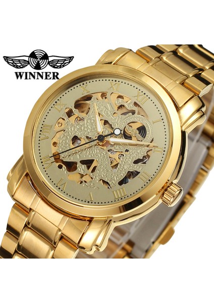 03 T-Kazanan Erkek Altın Oymak Mekanik Çelik Bant Roma Dijital Mekanik Saat Gümüş Bilek Saati (Yurt Dışından)