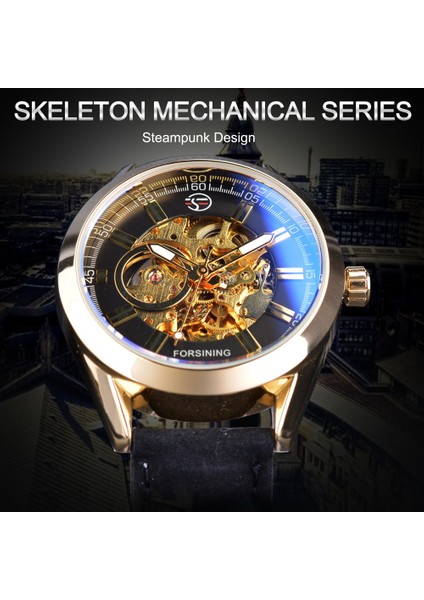 Siyah Altın Forsining Altın Kasa Steampunk Otomatik Kol Saati Erkek Saatler Üst Marka Lüks Uhren Erkekler Hakiki Deri Saat (Yurt Dışından)