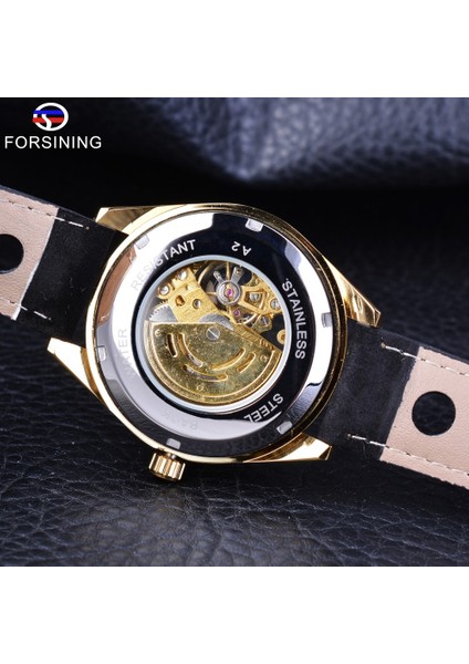 Siyah Altın Forsining Altın Kasa Steampunk Otomatik Kol Saati Erkek Saatler Üst Marka Lüks Uhren Erkekler Hakiki Deri Saat (Yurt Dışından)