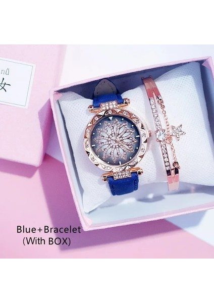 Mavi Bilezik Kutusu Pembe Deri Saat Moda Kadın Elbise Kuvars Kol Saati Bayanlar Kuvars Saat Kutusu ve Bilezik Izle Relogio Feminino (Yurt Dışından)