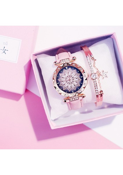 Mavi Bilezik Kutusu Pembe Deri Saat Moda Kadın Elbise Kuvars Kol Saati Bayanlar Kuvars Saat Kutusu ve Bilezik Izle Relogio Feminino (Yurt Dışından)