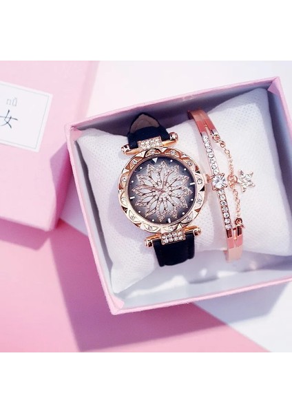 Mavi Bilezik Kutusu Pembe Deri Saat Moda Kadın Elbise Kuvars Kol Saati Bayanlar Kuvars Saat Kutusu ve Bilezik Izle Relogio Feminino (Yurt Dışından)